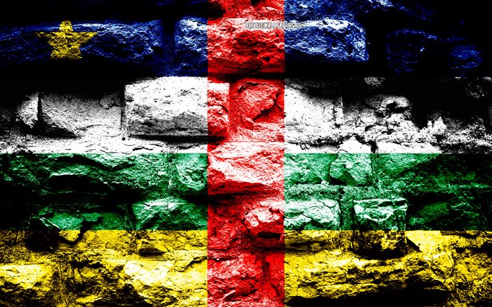 Afrika &#252;lkeleri, Orta Afrika Cumhuriyeti, bayrağı tuğla duvar &#252;zerinde, Orta Afrika Cumhuriyeti Orta Afrika Cumhuriyeti bayrak, grunge tuğla doku, Bayrak, bayraklar