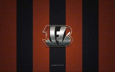 cincinnati bengals logo, american football-club, metall-emblem, schwarz-orange-metal-mesh-hintergrund, cincinnati bengals, nfl, cincinnati, ohio, usa, american football