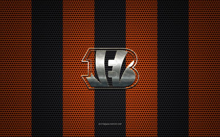 Cincinnati Bengals logo, American football club, metal emblem, black-orange metal mesh background, Cincinnati Bengals, NFL, Cincinnati, Ohio, USA, american football