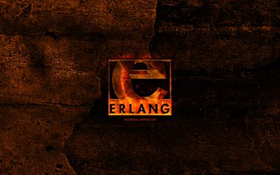 Erlang fiery logo, programming language, orange stone background, creative, Erlang logo, programming language signs, Erlang