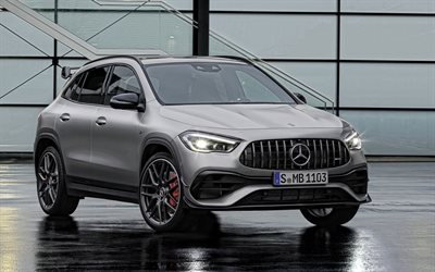 2021, Mercedes-Benz GLA45 AMG, 4K, front view, exterior, tuning GLA, new gray matte GLA45, German cars, Mercedes