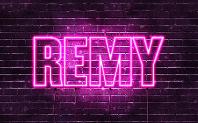 Remy, 4k, taustakuvia nimet, naisten nimi&#228;, Remy nimi, violetti neon valot, vaakasuuntainen teksti, kuva Remy nimi