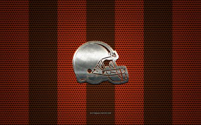 Cleveland Browns logo, American football club, metal emblem, brown-orange metal mesh background, Cleveland Browns, NFL, Cleveland, Ohio, USA, american football