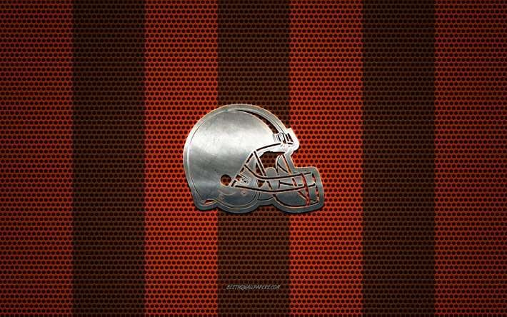 Cleveland Browns logotipo, Americano futebol clube, emblema de metal, marrom-laranja met&#225;lica de malha de fundo, Cleveland Browns, NFL, Cleveland, Ohio, EUA, futebol americano