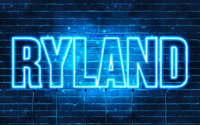 Ryland, 4k, fondos de pantalla con los nombres, el texto horizontal, Ryland nombre, luces azules de ne&#243;n, imagen con Ryland nombre