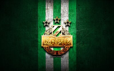 Rapid Vienna FC, altın logo, Avusturya Bundesliga, yeşil metal arka plan, futbol, SK Rapid Wien, Avusturya Futbol Kul&#252;b&#252;, Rapid Wien logo, Avusturya