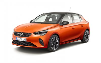 Opel Corsa E, 2020, front view, exterior, orange hatchback, new orange Corsa E, Opel electric cars, German cars, Opel