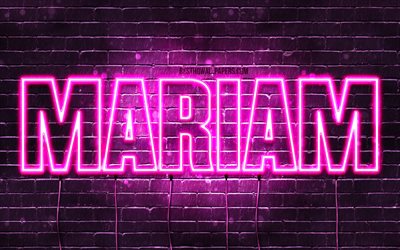 Mariam, 4k, wallpapers with names, female names, Mariam name, purple neon lights, horizontal text, picture with Mariam name