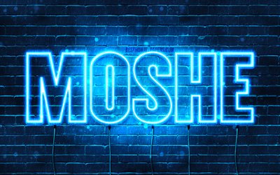 Mosh&#233;, 4k, fondos de pantalla con los nombres, el texto horizontal, Moshe nombre, luces azules de ne&#243;n, imagen con Moshe nombre