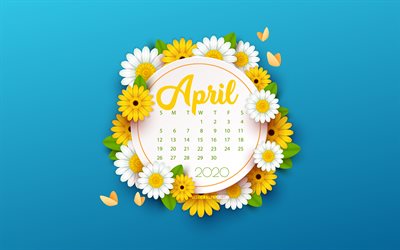 2020 April Calendar, blue background with flowers, spring blue background, 2020 spring calendars, April, flowers spring background, April 2020 Calendar