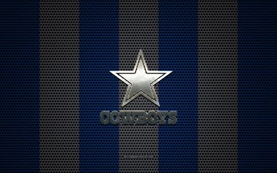 Dallas Cowboys logo, American football club, metal emblem, blue white metal mesh background, Dallas Cowboys, NFL, Irving, Texas, USA, american football