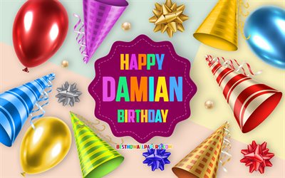 Happy Birthday Damian, 4k, Birthday Balloon Background, Damian, creative art, Happy Damian birthday, silk bows, Damian Birthday, Birthday Party Background