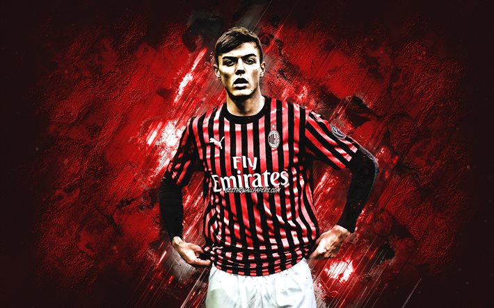Daniel Maldini, il Milan, calciatore italiano, centrocampista offensivo, ritratto, rosso pietra sfondo, Serie A, Italia, calcio