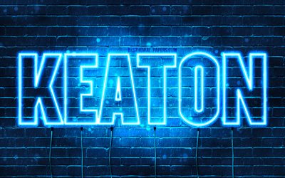 Keaton, 4k, tapeter med namn, &#246;vergripande text, Keaton namn, bl&#229;tt neonljus, bild med Keaton namn