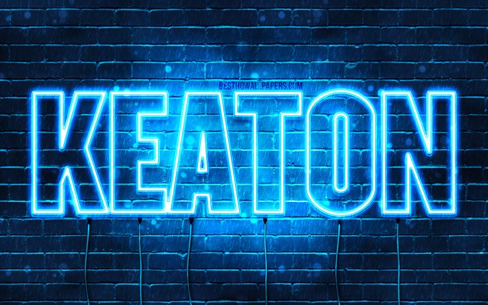 Keaton, 4k, fondos de pantalla con los nombres, el texto horizontal, Keaton nombre, luces azules de ne&#243;n, imagen con Keaton nombre