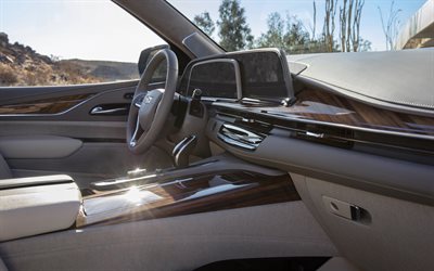 Cadillac Escalade, 2021, inside view, interior, front panel, new Escalade, american cars, luxury SUVs, Cadillac