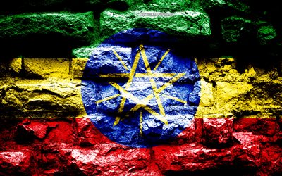 Ethiopia flag, grunge brick texture, Flag of Ethiopia, flag on brick wall, Ethiopia, flags of Africa countries