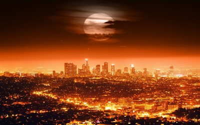 Los Angeles, nightscapes, american cities, moon, California, America, Los Angeles at night, USA, City of Los Angeles, Cities of California