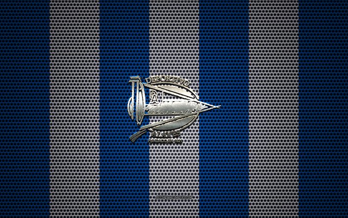 deportivo alaves-logo der spanischen fu&#223;ball-club, metall-emblem, blau-wei&#223;en metall mesh-hintergrund, deportivo alaves, la liga, vitoria-gasteiz, spanien, fu&#223;ball