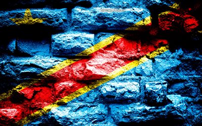 Rep&#250;blica democr&#225;tica do Congo bandeira, grunge textura de tijolos, Bandeira da Rep&#250;blica Democr&#225;tica do Congo, bandeira na parede de tijolos, Rep&#250;blica democr&#225;tica do Congo, bandeiras dos pa&#237;ses da &#193;frica