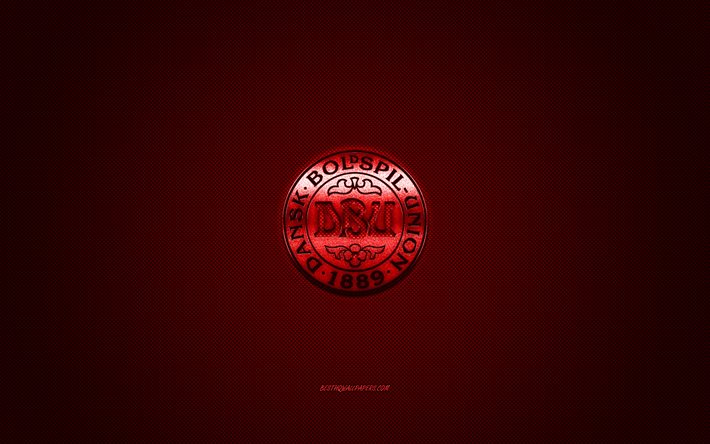 Denmark national football team, emblem, UEFA, red logo, red fiber background, Denmark football team logo, football, Denmark