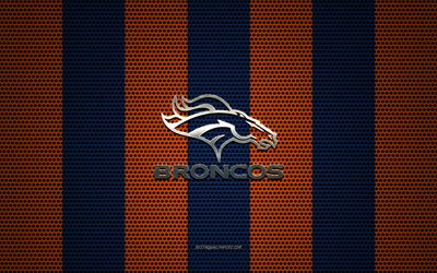 Denver Broncos logo, American football club, metal emblem, blue orange metal mesh background, Denver Broncos, NFL, Denver, Colorado, USA, american football