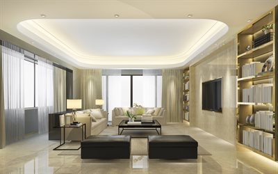 stylish living room interior design, white and black living room, gold metal cabinet, modern interior design, living room, marble white floor in the living room, black leather sofas