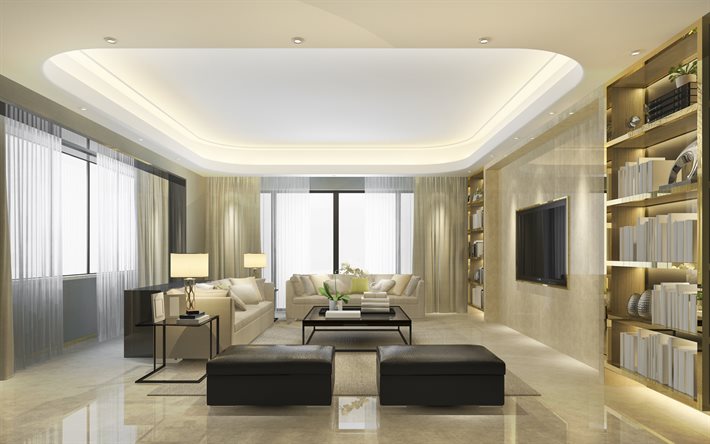 sala de estar elegante design de interiores, branco e preto-sala de estar, ouro gabinete de metal, um design interior moderno, sala de estar, o m&#225;rmore piso branco na sala de estar, sof&#225;s de couro preto
