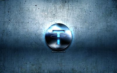 Tether metal logo, grunge, cryptocurrency, blue metal background, Tether, creative, Tether logo