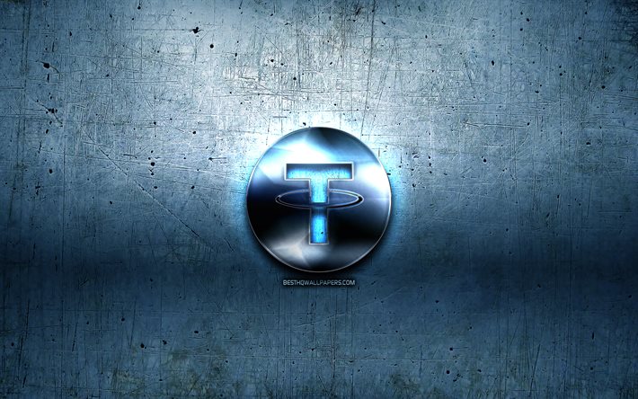 テザー金属のロゴ, グランジ, cryptocurrency, 青色の金属の背景, テザー, 創造, テザーのロゴ