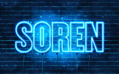 Soren, 4k, pap&#233;is de parede com os nomes de, texto horizontal, Soren nome, luzes de neon azuis, imagem com Soren nome