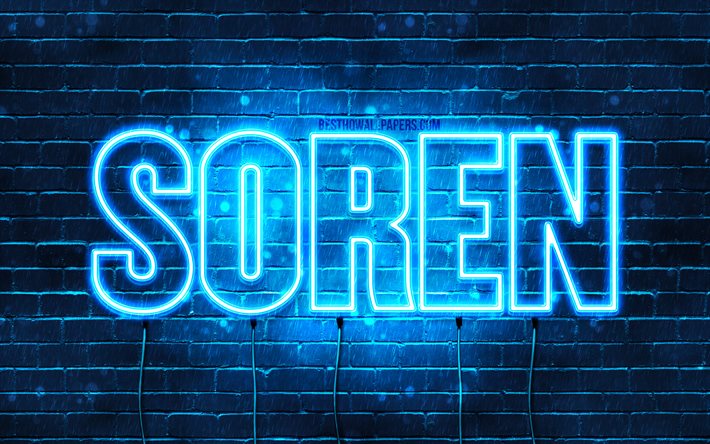 Soren, 4k, wallpapers with names, horizontal text, Soren name, blue neon lights, picture with Soren name