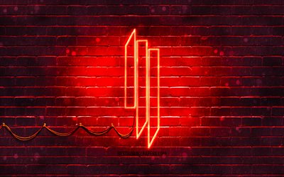 Skrillex red logo, 4k, superstars, american DJs, red brickwall, Skrillex logo, Sonny John Moore, Skrillex, music stars, Skrillex neon logo