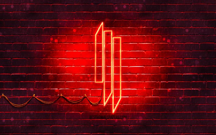 Skrillex red logo, 4k, superstars, american DJs, red brickwall, Skrillex logo, Sonny John Moore, Skrillex, music stars, Skrillex neon logo
