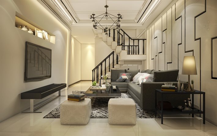 luxuoso design de interiores, sala de estar, sala de estar branca, interior moderno, preto escada