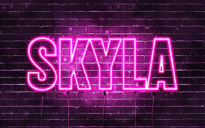 Skyla, 4k, pap&#233;is de parede com os nomes de, nomes femininos, Skyla nome, roxo luzes de neon, texto horizontal, imagem com Skyla nome