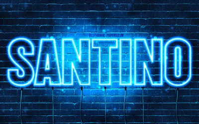 Santino, 4k, pap&#233;is de parede com os nomes de, texto horizontal, Santino nome, luzes de neon azuis, imagem com Santino nome