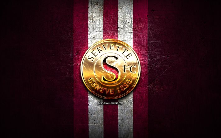 Servette FC, golden logotyp, Schweiziska Super League, lila metall bakgrund, fotboll, schweizisk fotboll club, Servette logotyp, Schweiz