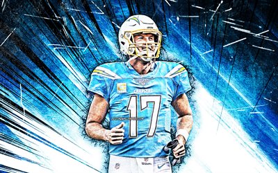 4k, Philip Rivers, NFL, grunge art, Los Angeles Chargers, american football, quarterback, Philip Michael Rivers, LA Chargers, National Football League, blue abstract rays, Philip Rivers LA Chargers