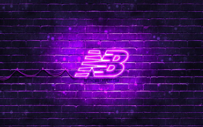 New Balance violetti logo, 4k, violetti brickwall, New Balance logo, merkkej&#228;, New Balance neon-logo, New Balance