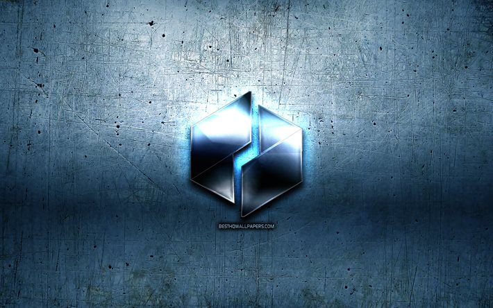 Ubiq metal logo, grunge, cryptocurrency, blue metal background, Ubiq, creative, Ubiq logo