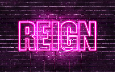 Reign, 4k, wallpapers with names, female names, Reign name, purple neon lights, horizontal text, picture with Reign name