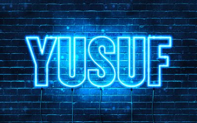 Yusuf, 4k, les papiers peints avec les noms, le texte horizontal, Yusuf nom, bleu n&#233;on, une photo avec le nom Yusuf