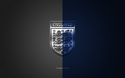 England national football team, emblem, UEFA, white and blue logo, white and blue fiber background, England football team logo, football, England