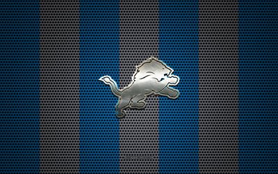 Detroit Lions logo, American football club, metal emblem, blue white metal mesh background, Detroit Lions, NFL, Detroit, Michigan, USA, american football