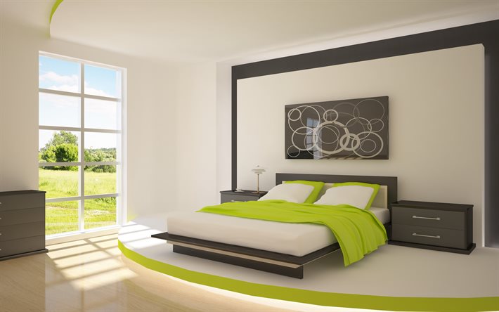 moderni tyylik&#228;s muotoilu makuuhuone, valkoinen-vihre&#228;-musta makuuhuone, moderni sisustus, makuuhuone