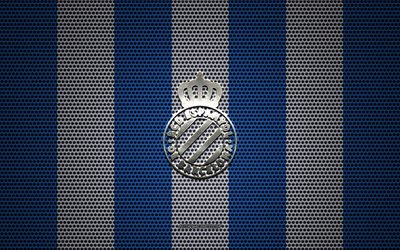 RCD Espanyol logo, club de football espagnol, embl&#232;me m&#233;tallique, bleu, blanc, maille en m&#233;tal d&#39;arri&#232;re-plan, le RCD Espanyol, La Liga, Barcelone, Espagne, football