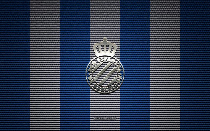RCD Espanyol-logotyp, Spansk fotbollsklubb, metall emblem, bl&#229; vit metall mesh bakgrund, RCD Espanyol, Ligan, Barcelona, Spanien, fotboll