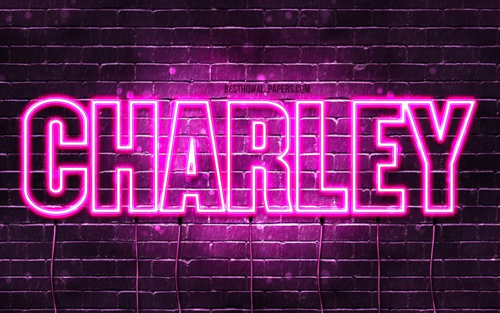 Charley, 4k, taustakuvia nimet, naisten nimi&#228;, Charley nimi, violetti neon valot, vaakasuuntainen teksti, kuva Charley nimi