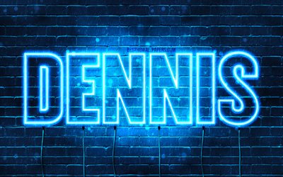 Dennis, 4k, pap&#233;is de parede com os nomes de, texto horizontal, Dennis nome, luzes de neon azuis, imagem com Dennis nome